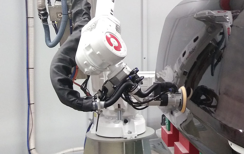 Robotic sanding system with 7-axis arm finishing aerospace composite panel with force feedback control